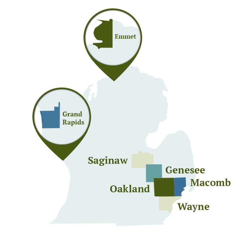 Michigan Home Care Service Area Map: Wayne, Oakland, Macomb, Genesee, Saginaw, Emmet, & Grand Rapids